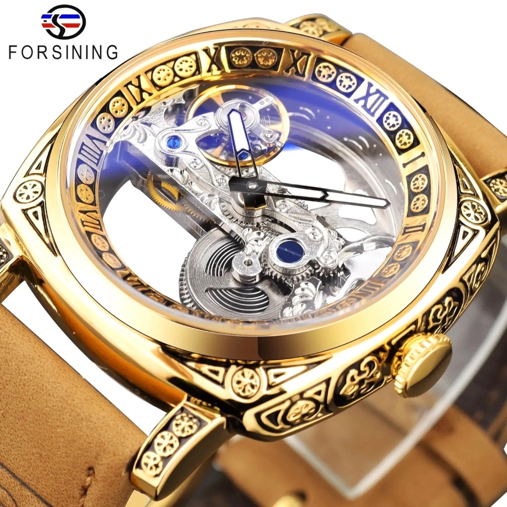 Forsining Men’s Automatic Square Retro Carved Skeleton Luxury Waterproof Watch